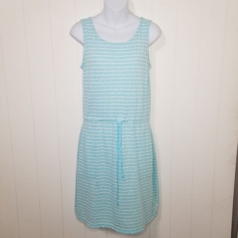 T by Talbots Sleeveless Knit Striped Petite Dress Blue White Drawstring